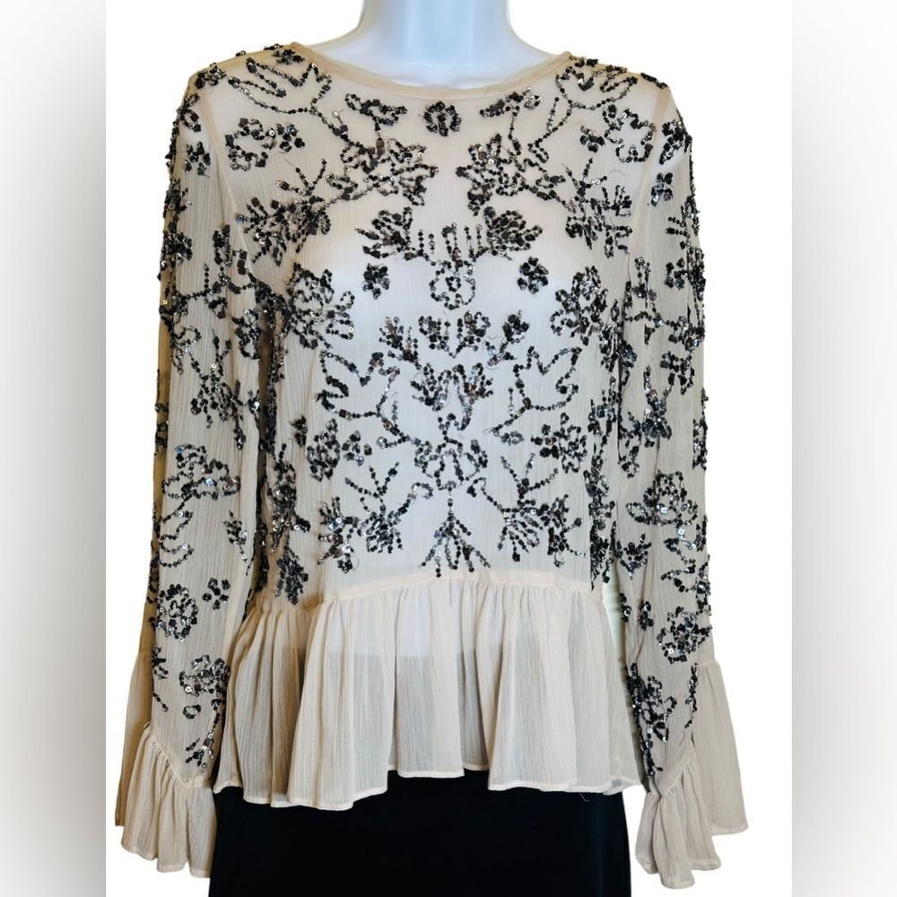 Zara Basic Collection Nude Color Sheer Beaded Sequin Top w Ruffles Size X-Small